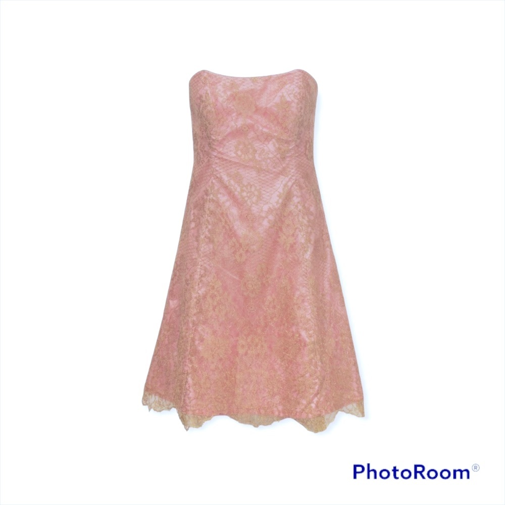 Shoshanna Pink & Gold Lace Strapless Dress Gown Formal